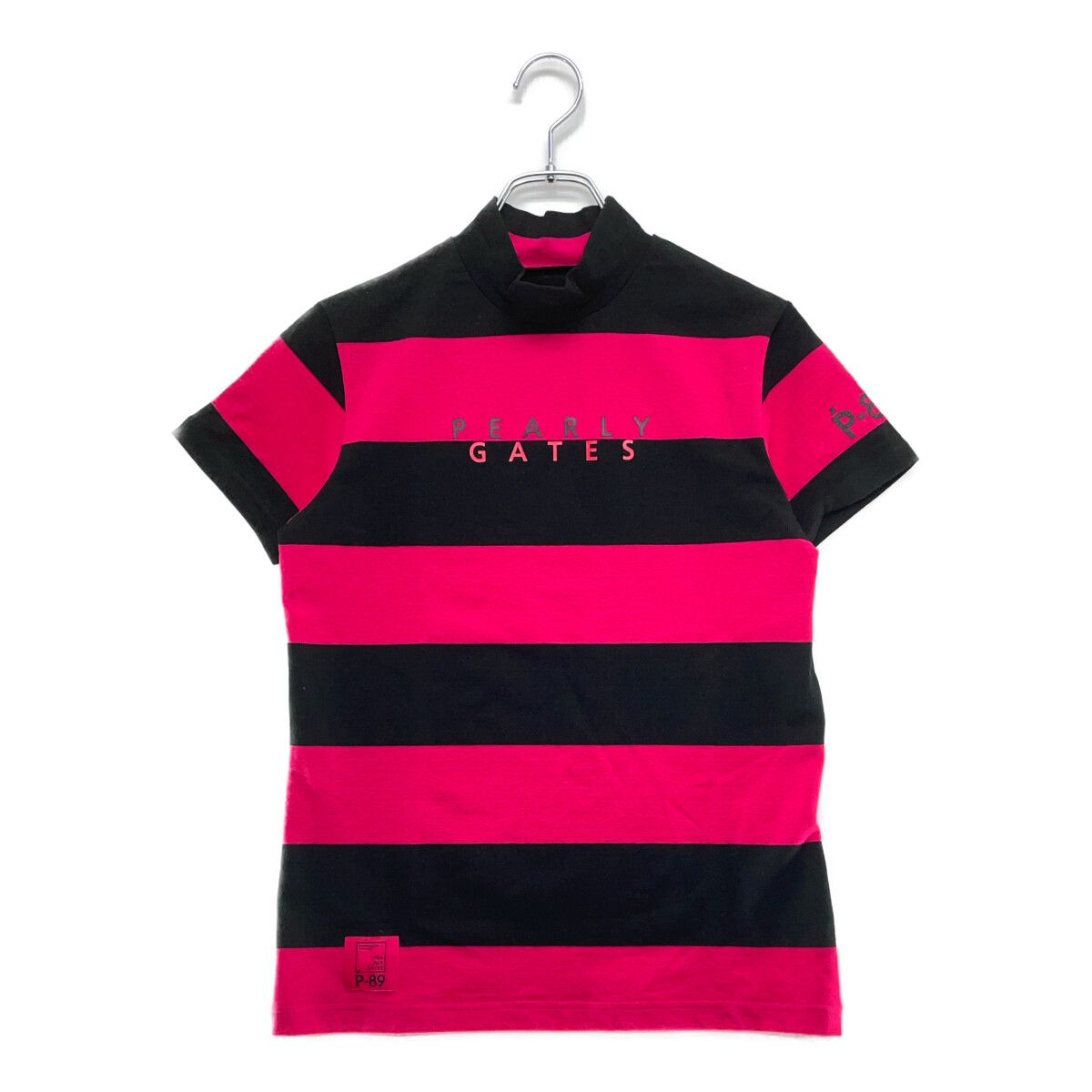 美品】パーリーゲイツ 半袖ハイネックシャツ ピンク ボーダー コットン