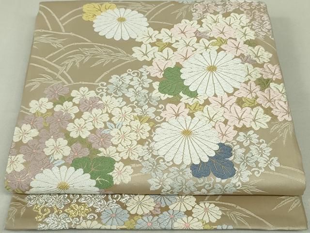 平和屋着物○六通柄袋帯 唐織 緑茶染 草花文 本金箔 正絹 逸品