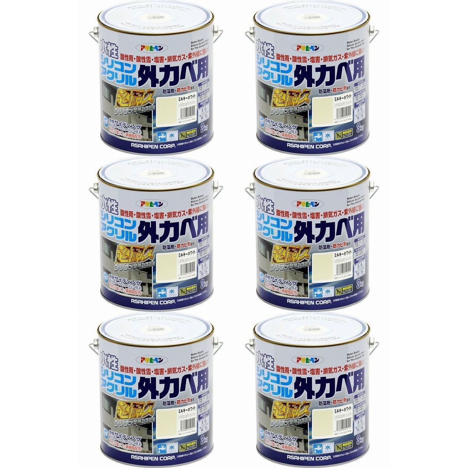 アサヒペン 水性シリコンアクリル外かべ用 ３ＫＧ ミルキーホワイト 6缶セット【BT-46】 バックティースショップ メルカリ