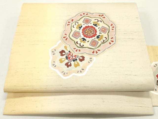 平和屋着物●九寸名古屋帯 紬地 駒刺繍 正倉院更紗花文 金糸 正絹 DAAY0164ob