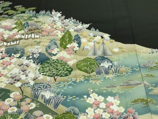 平和屋着物▽豪華黒留袖 単衣 友禅 作家物 風景草花文 正絹