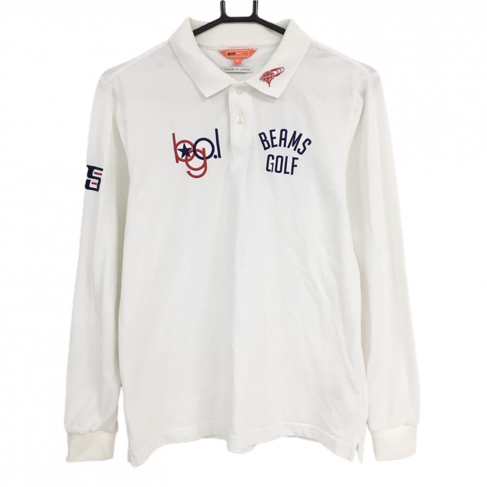 ビームスゴルフ 長袖ポロシャツ 白×ネイビー×レッド ロゴ刺しゅう  メンズ M ゴルフウェア BEAMS GOLF