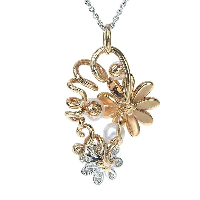 MIKIMOTO ミキモト フラワーモチーフ パール ダイヤ ネックレス K18WG