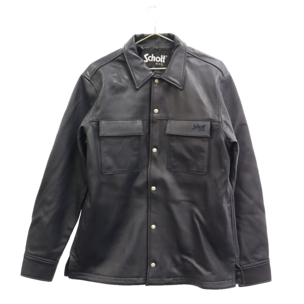 SCHOTT (ショット) LAMB LEATHER PATCH POCKET LS SHIRT ラムレザーパッチポケットロングスリーブシャツ  ロゴ刺繍レザーシャツ レザージャケット ネイビー 3111045 - メルカリ