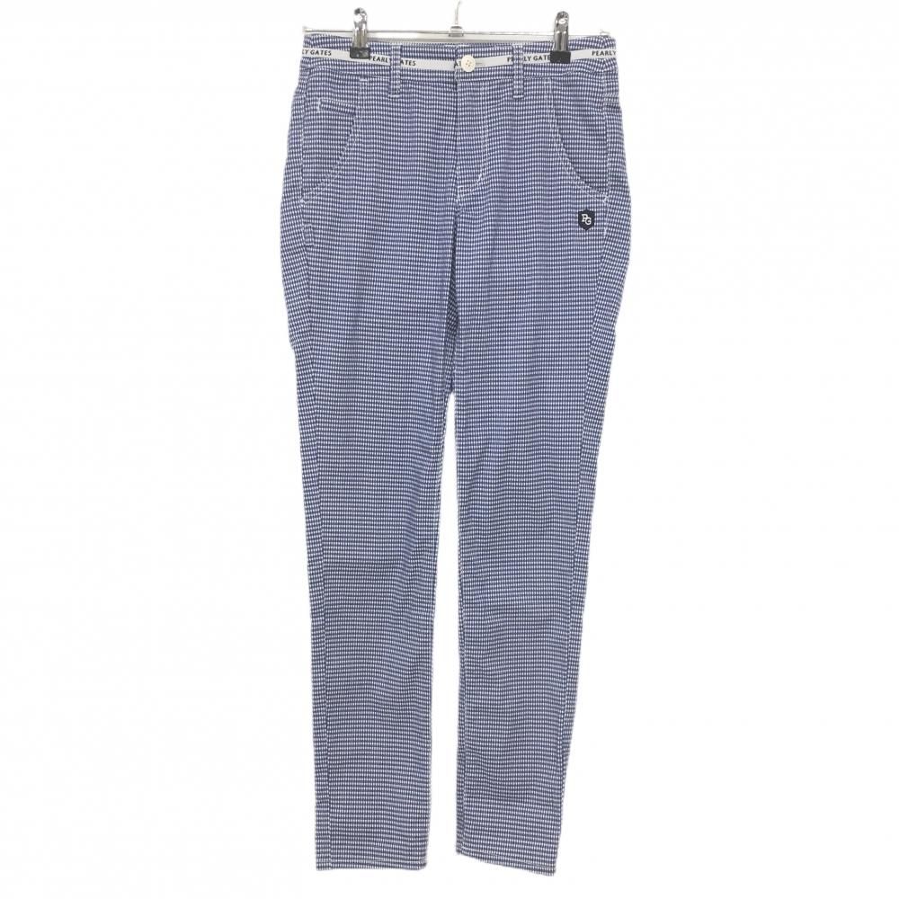超美品】パーリーゲイツ パンツ ブルー×白 織生地 ヒップロゴプリント