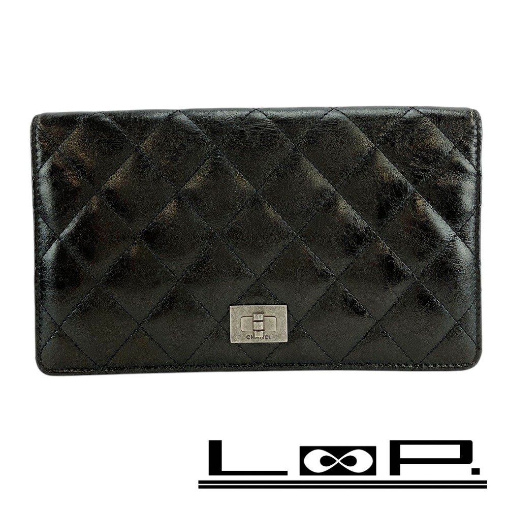 □新同□ シャネル 2.55 マトラッセ 長財布 財布 レザー ブラック  