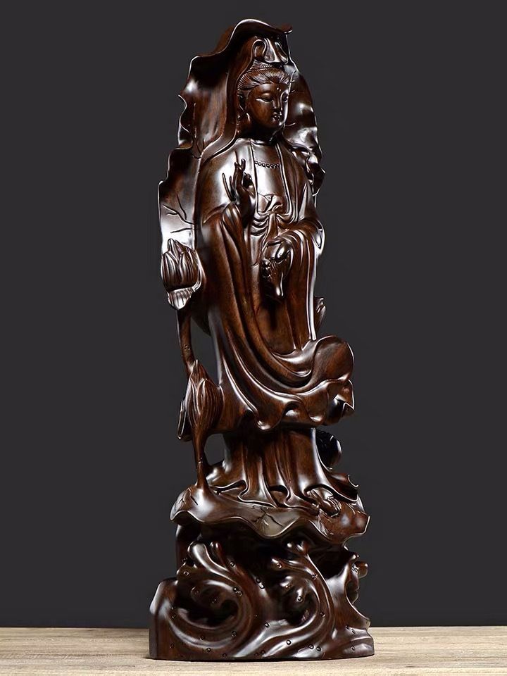 高品質☆木彫仏像 仏教美術 精密細工 木彫り 黒檀木 観音菩薩像 仏像