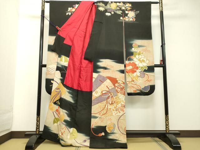 ロミナ✾m656＊美品 正絹 金駒刺繡 牡丹 桜 扇 振袖単品 平和屋着物○アンティーク 大正ロマン 振袖 駒刺繍 檜扇草花松文