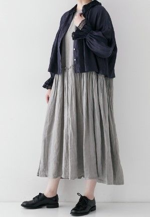 2023SS nest Robe ネストローブ リネン×レース ショートブラウス F/ネイビー トップス スカラップ衿 フレア袖 シャツ 麻【2400013419291】 2023SS nest Robe ネストローブ リネン×レース ショートブラウス F