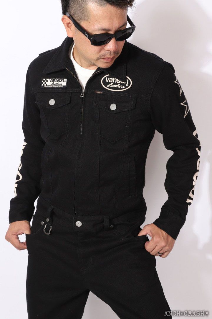 VANSON カスタムデザイン オールインワン ブラック VANSON 【再入荷】【当店別注】 バンソン ツナギ つなぎ