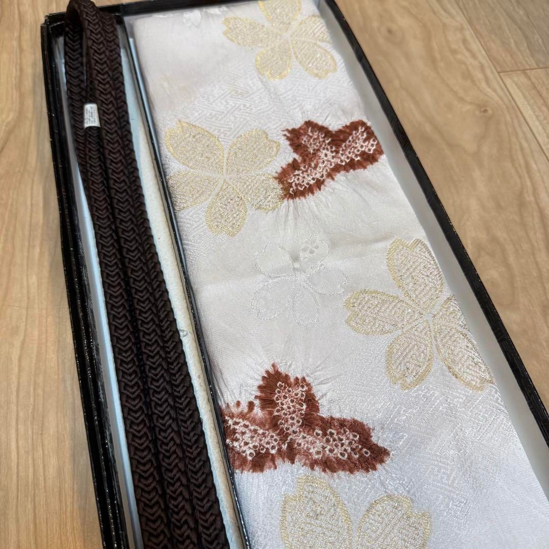 秋冬 ♥品 正絹 帯揚げ 帯締め 2点セット 着物小物 絞り 金 焦茶 白