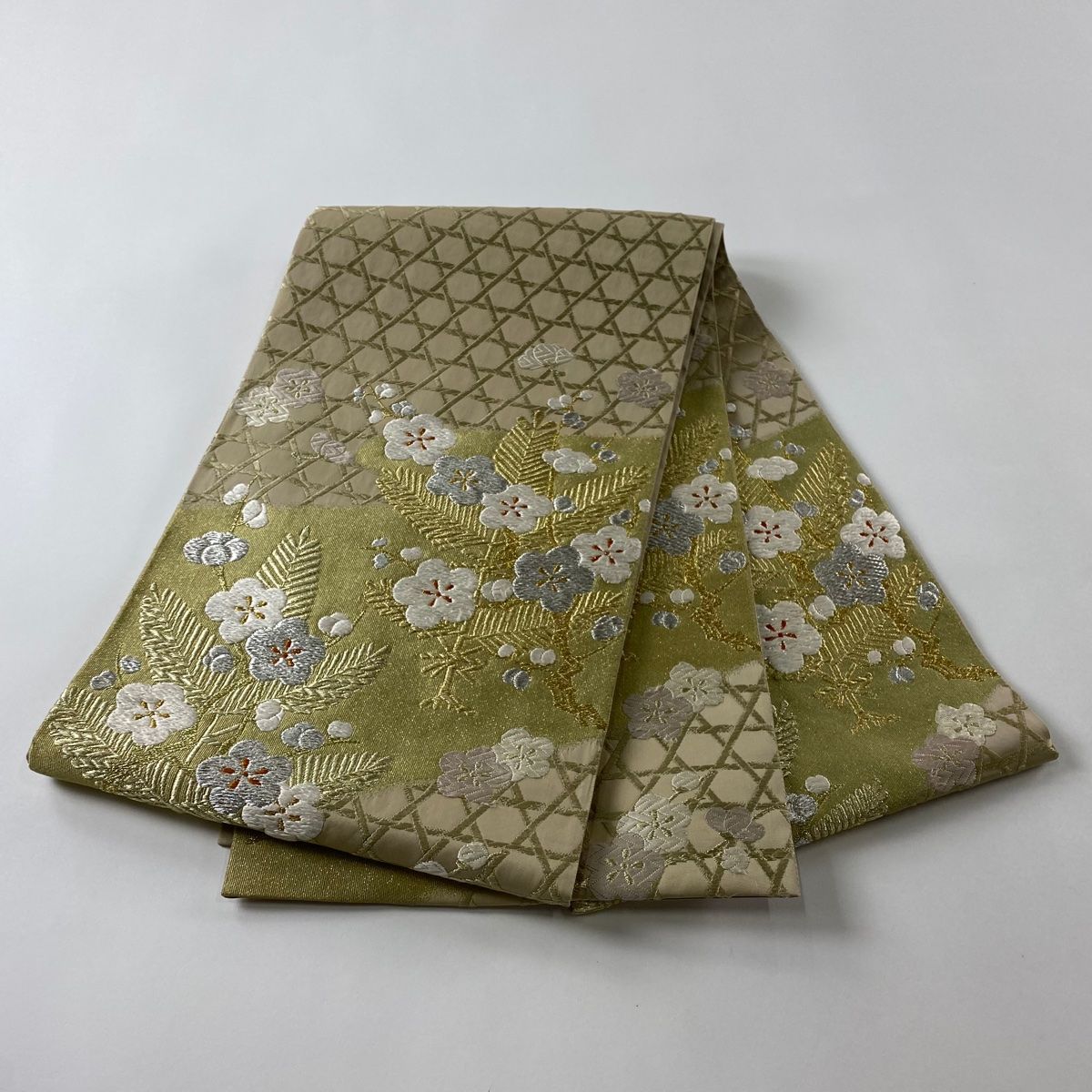 袋帯 秀品 絹浮織 天然染 千代松つづれ 松梅 籠目 金銀糸 刺繍 灰茶 六