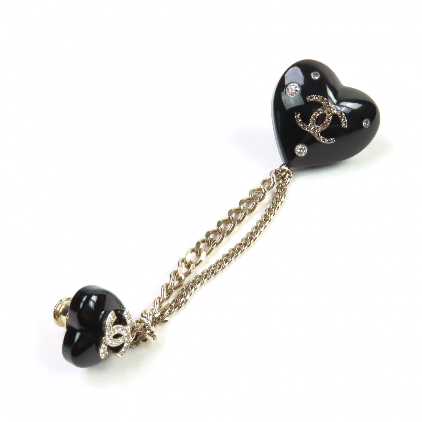 CHANEL シャネル D22B AB9376 ラインストーン ココマーク Wハート チェーン ブローチ ブラック ゴールド金具 箱 ケース付き イタリア製 レディース