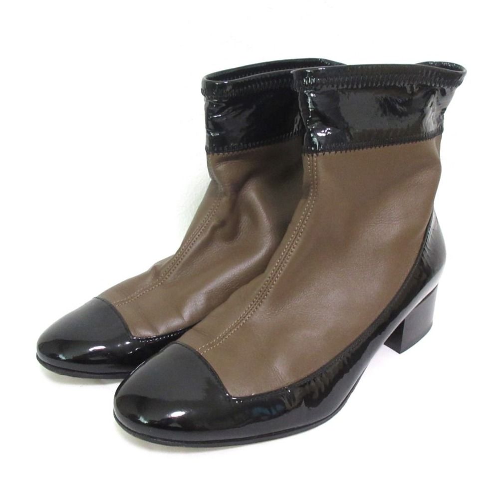 LOEWE ロエベ ナッパレザー×パテントレザー バイ コンビブーツ ショートブーツ 562001 38 約25cm ブラウン ブラック レディース 古着