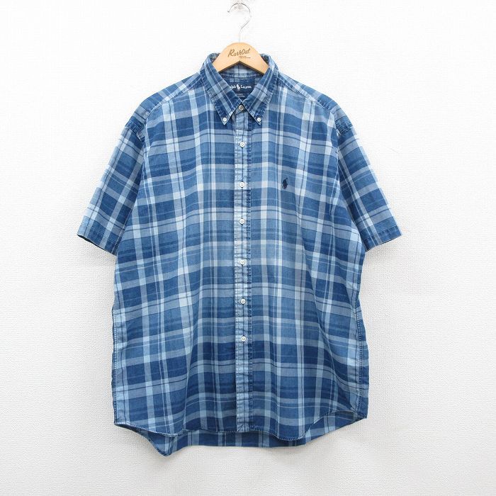 XL/古着 ラルフローレン 半袖 ブランド シャツ メンズ 90s ワンポイントロゴ BLAKE 大きいサイズ コットン ボタンダウン 紺他 ネイビー チ