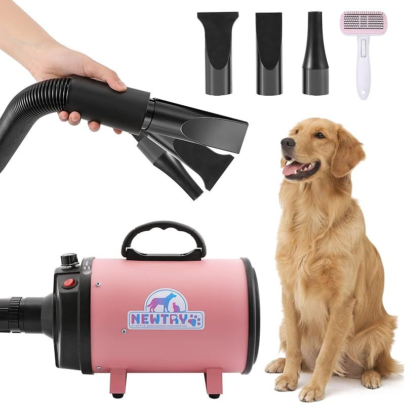 NEWTRY ペットドライヤー 犬用 ペット用 ドライヤー ブロワー 送風機 無段階速度制御 四つのノズル付き ブラシ付き 風速 温度調整 大風量 騒音低減 100V 50Hz|60Hz 650-1800W ピンク