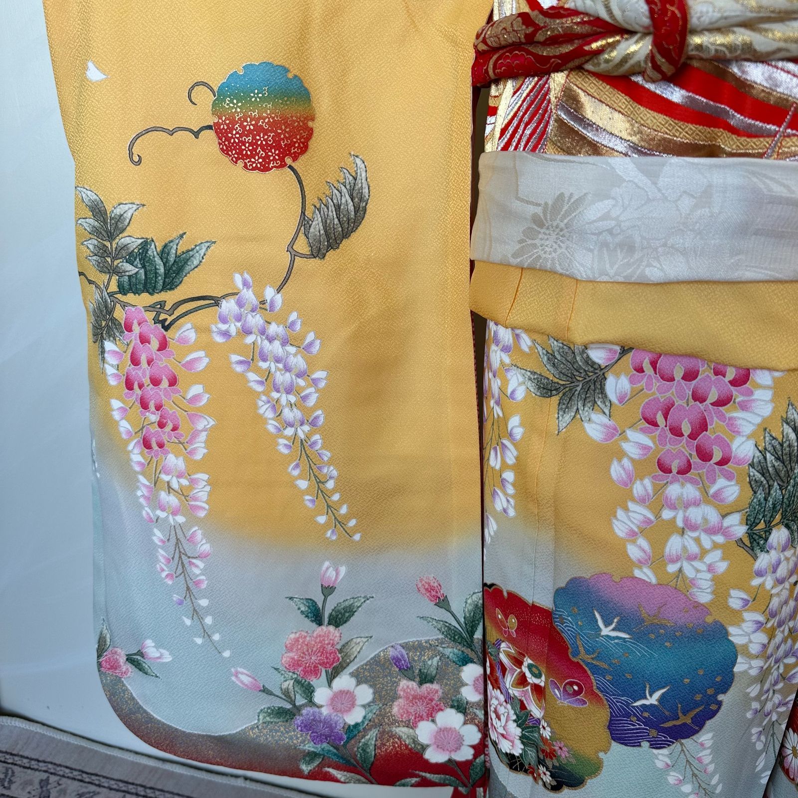 七五三 7歳女の子着物 黄色 長襦袢 帯セット 帯揚げ帯締めしごき付き