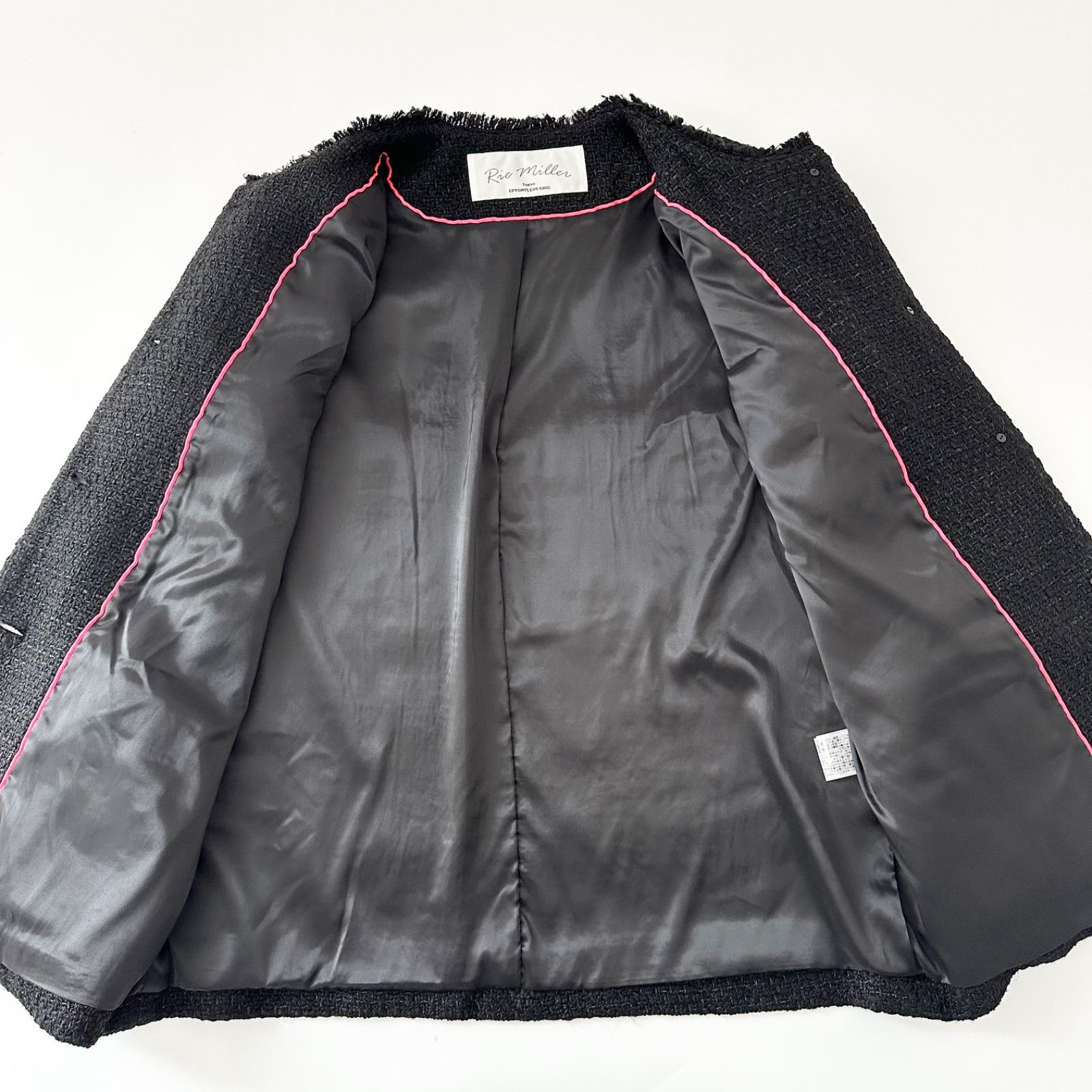 リエミラー クルーネック フリンジジャケット ツイード 金ボタン 黒 38 M GULLKHAN_COM