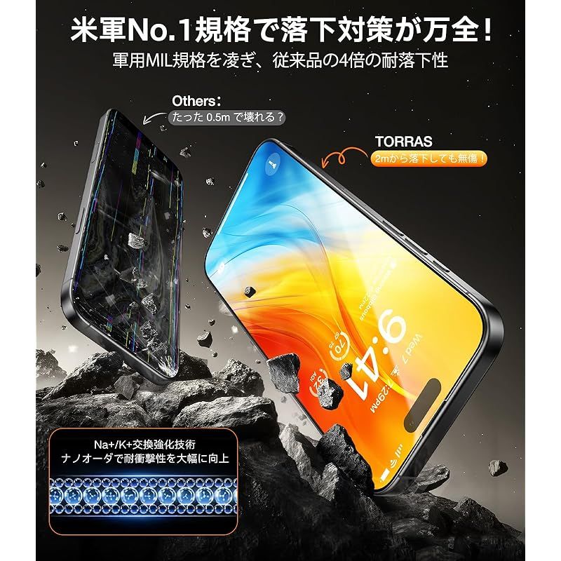 TORRAS iPhone 16 Pro 用 ガラスフィルム 米軍No.1規格 全面保護 10倍