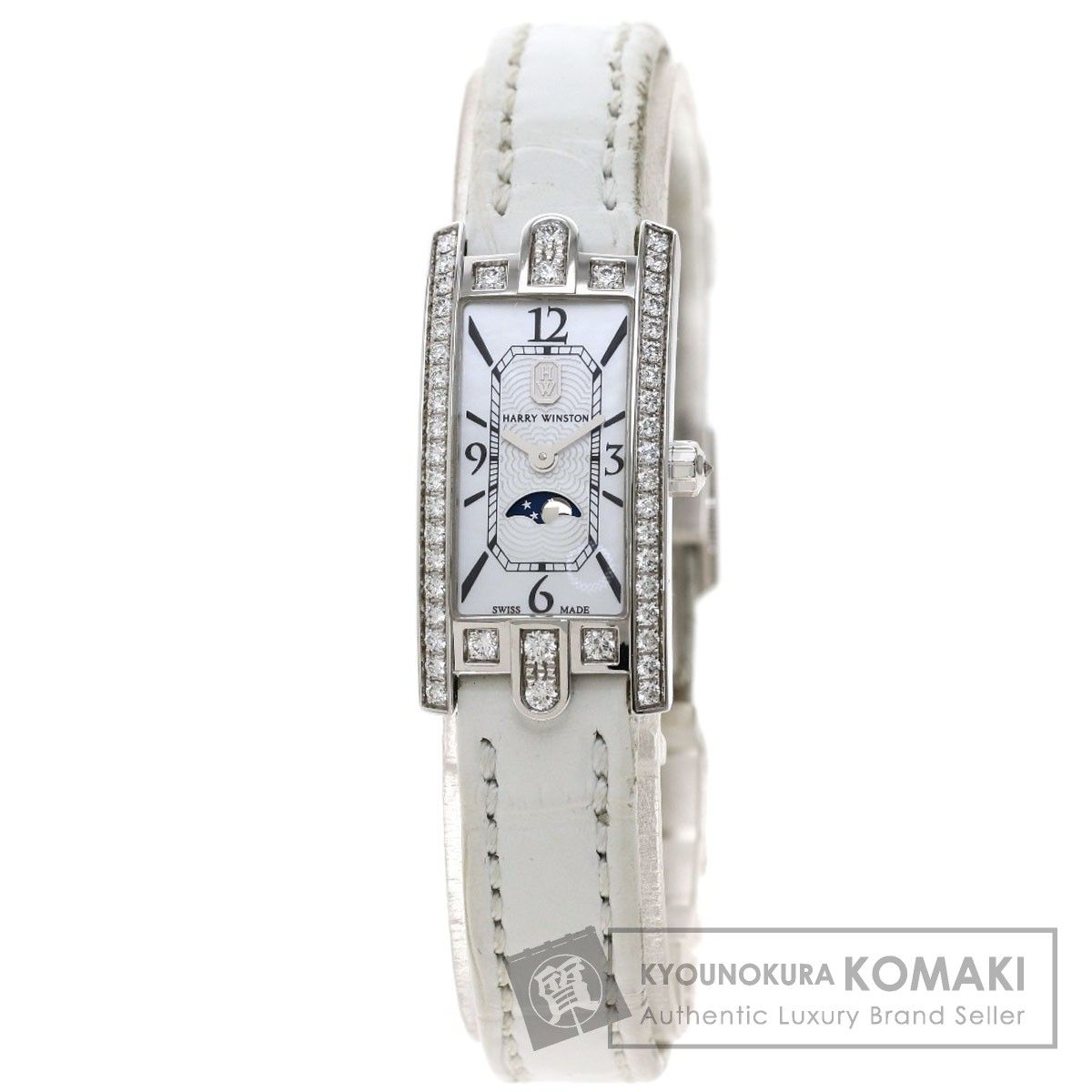 HARRY WINSTON ハリーウィンストン AVCQMP16WW001 アヴェニューC ミニ ムーンフェイズ 腕時計 K18WG 革 レディース