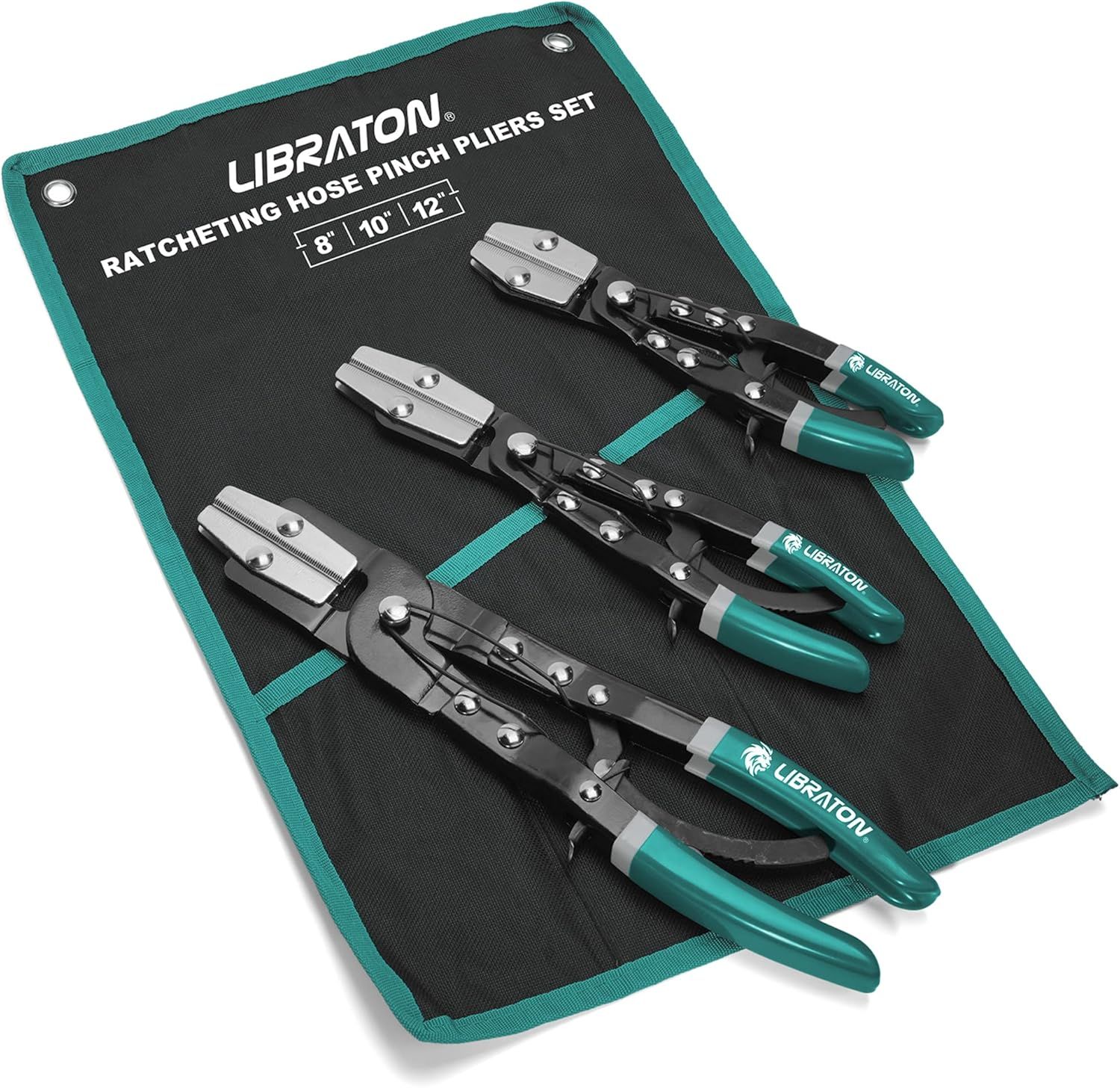 LIBRATON ホースピンチオフプライヤー 3本組 ラチェット式ホースプライヤー ホースクランププライヤー 燃料ホースクランプ ホースクランプセット 収納袋付き 8インチ 10インチ 12インチ