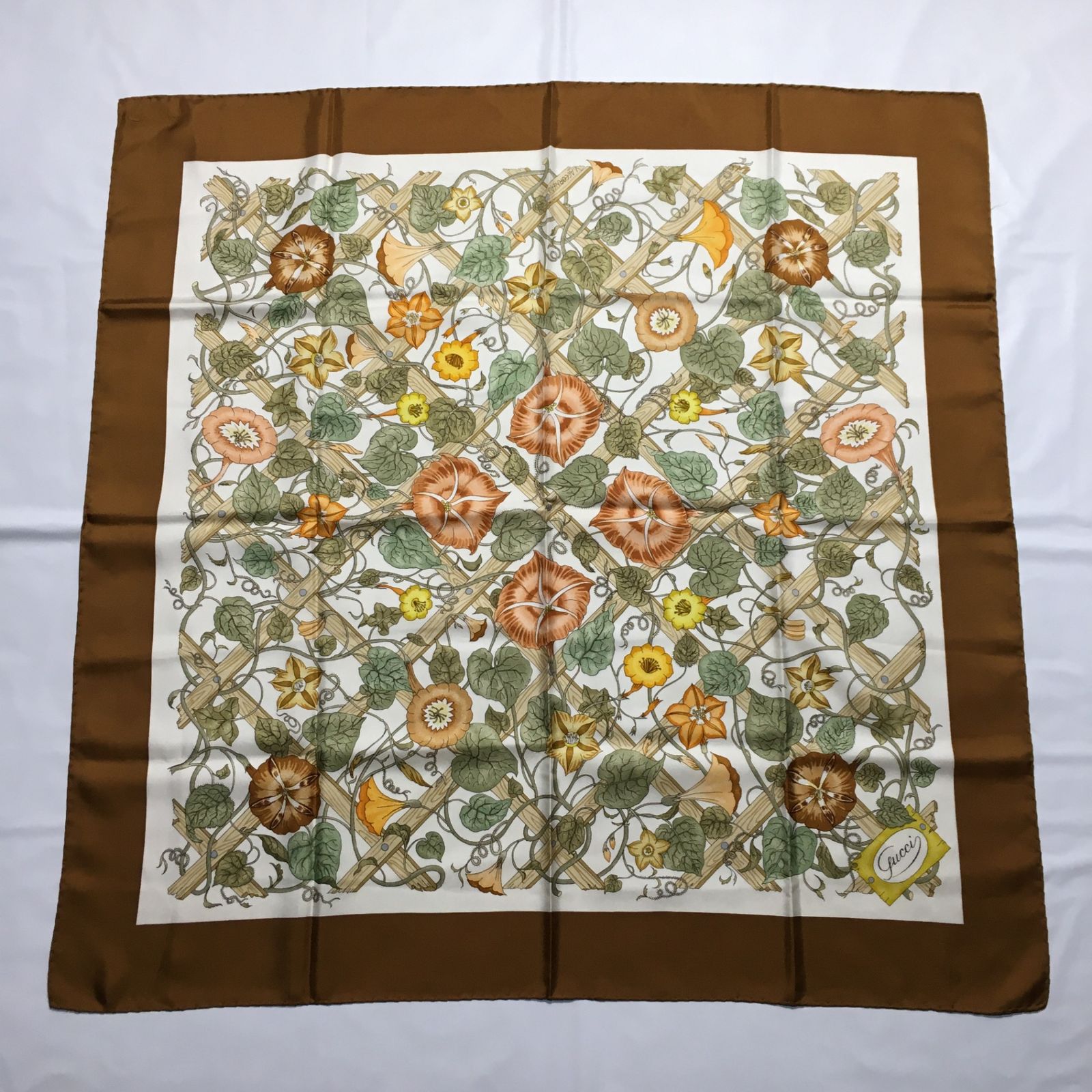 2507-68｜美品｜グッチ スカーフ シルク ブラウン タグあり 2507-68｜美品｜グッチ スカーフ シルク ブラウン タグあり