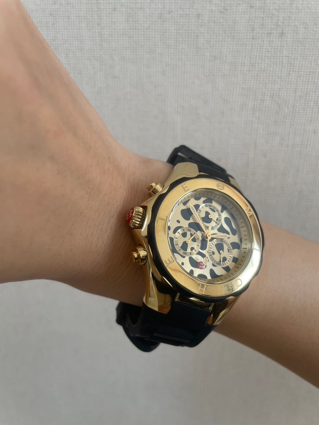 MICHELE ミッシェル 腕時計 クロノグラフ 豹柄文字盤 ラバーベルト 箱 ギャランティ付 稼働品