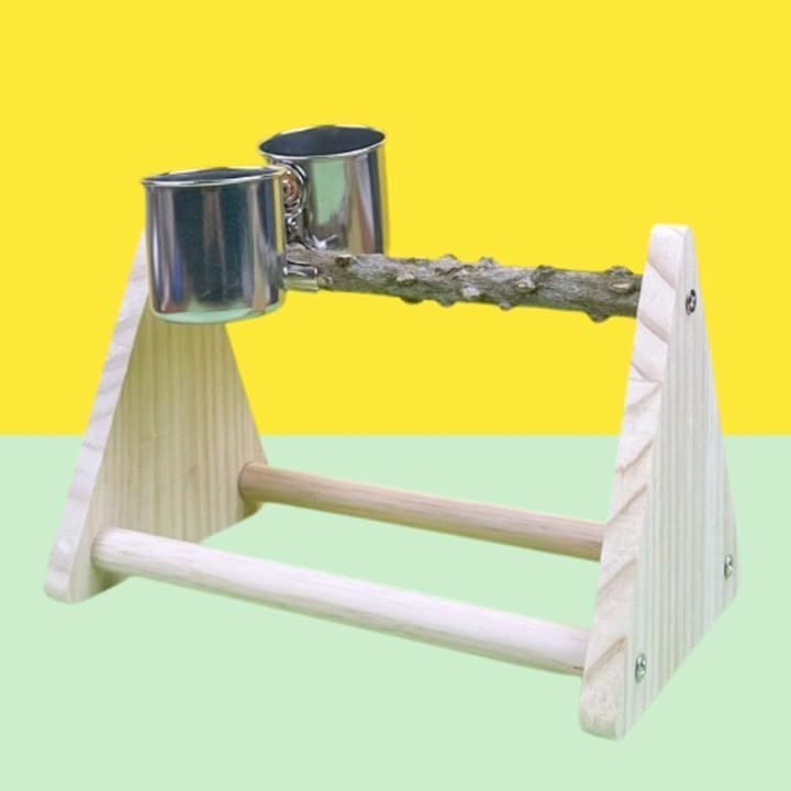 Anychien インコ 止まり 木 鳥 餌 入れ 付き 遊び場 おもちゃ 木製 台