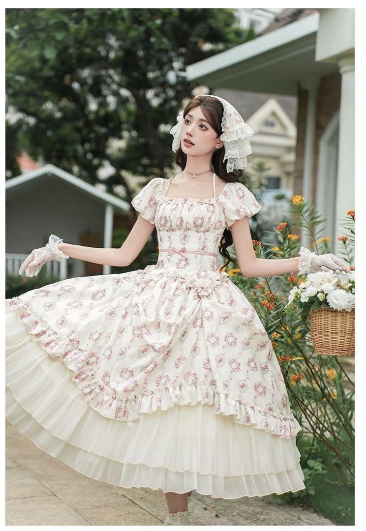 【手紙と詩♡雨後薔薇】ロリータドレス　ロング丈 OP フリル お嬢様 4点セット 手紙と詩♡雨後薔薇】ロリータドレス ロング丈 OP フリル お嬢様