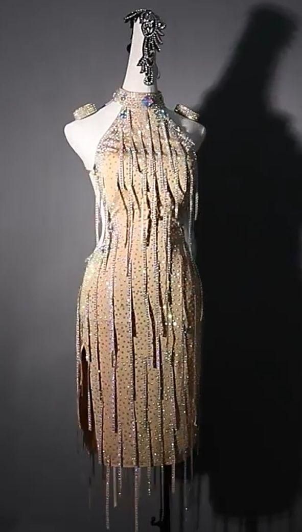社交ダンス衣装　ラテンワンピースドレス　豪華 シャンパン オーダーメイド 社交ダンス衣装 ラテンワンピースドレス 豪華 シャンパン オーダー