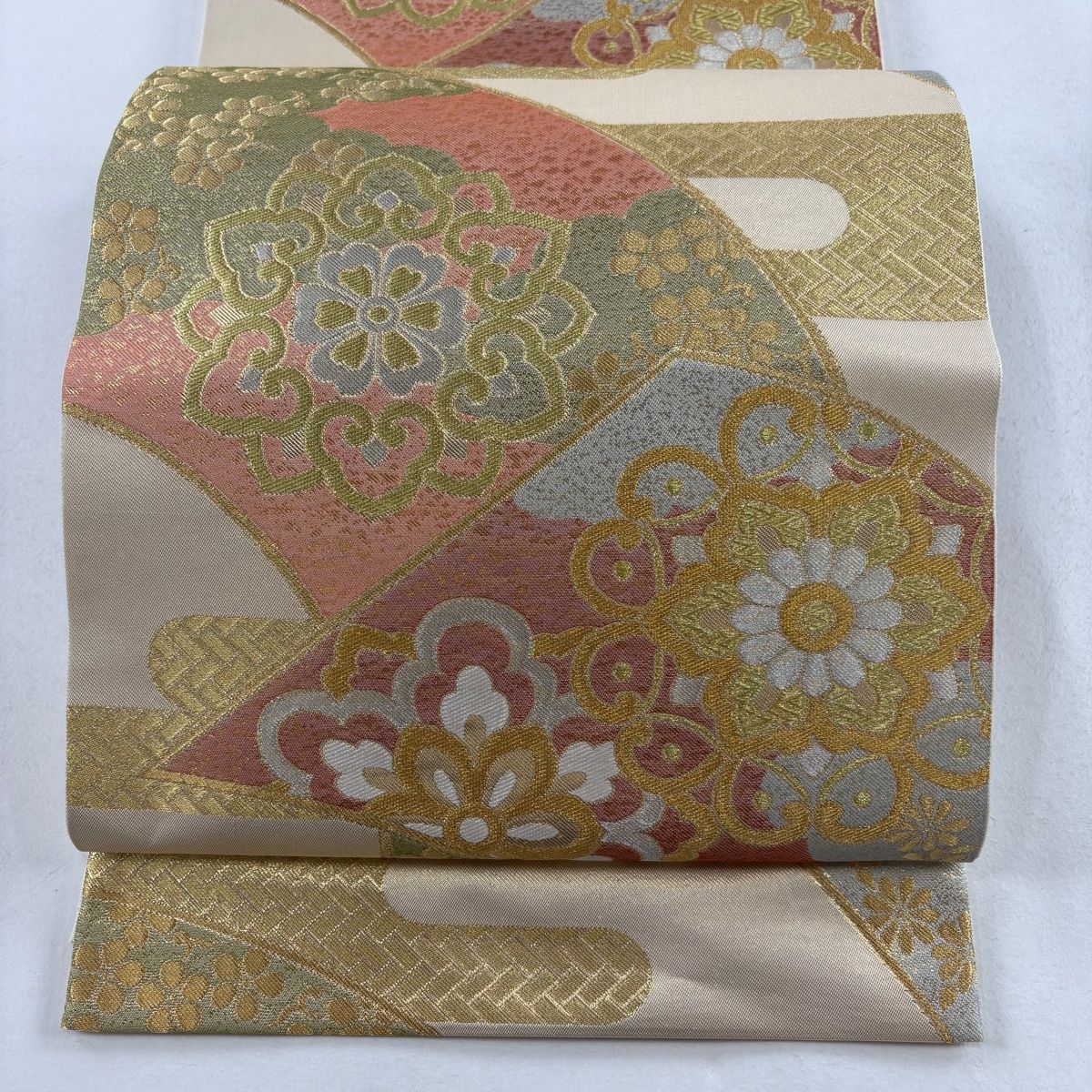 袋帯 美品 名品 川島織物 落款 華文 ヱ霞 金銀糸 箔 ベージュ 六