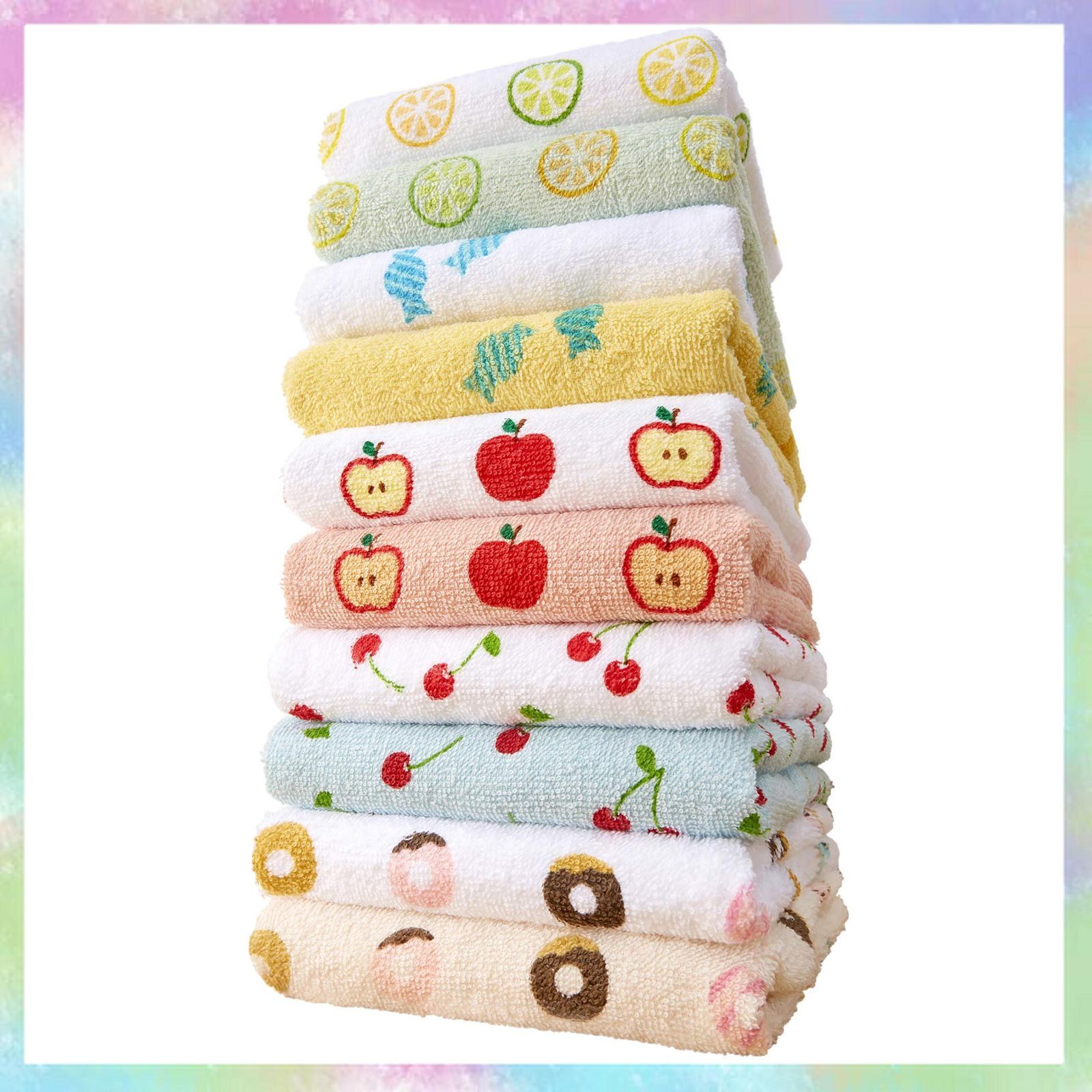 Kosugizen フェイスタオル よくばりプリントタオル スイーツ 5柄2色×1枚入 34×80 乾きやすい薄手タイプ まとめてお得 10枚セット SV-2008-10