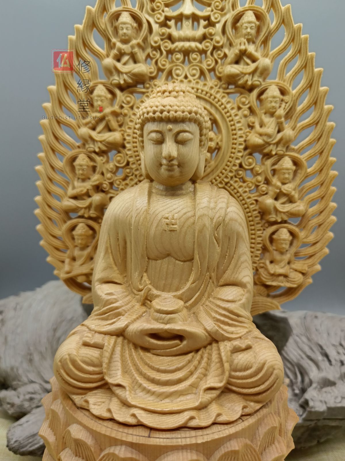 修縁堂】木彫り 仏像 釈迦如来座像 釈迦牟尼仏 彫刻 一刀彫 天然木檜材 