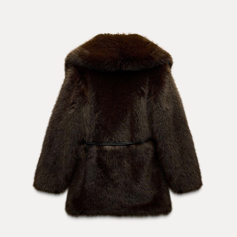 ZARA ザラ レディース フェイクファー 毛皮 コート アウター S ダークブラウン ベルト ラペルコート オーバーサイズ 6318|023 冬