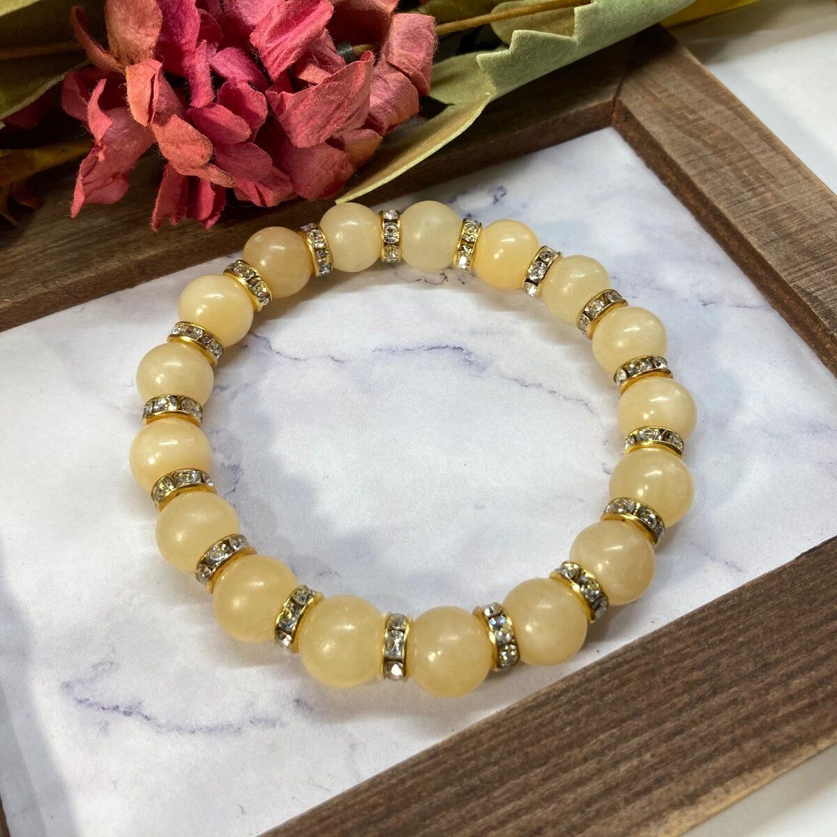 パワーストーン　ブレスレット　アラゴナイト　10mm 天然石ブレス 開運　浄化　数珠ブレス メンズ　レディース 10mmアラゴナイトと水晶の天然石ブレスレット（内周16cm、ゴム紐