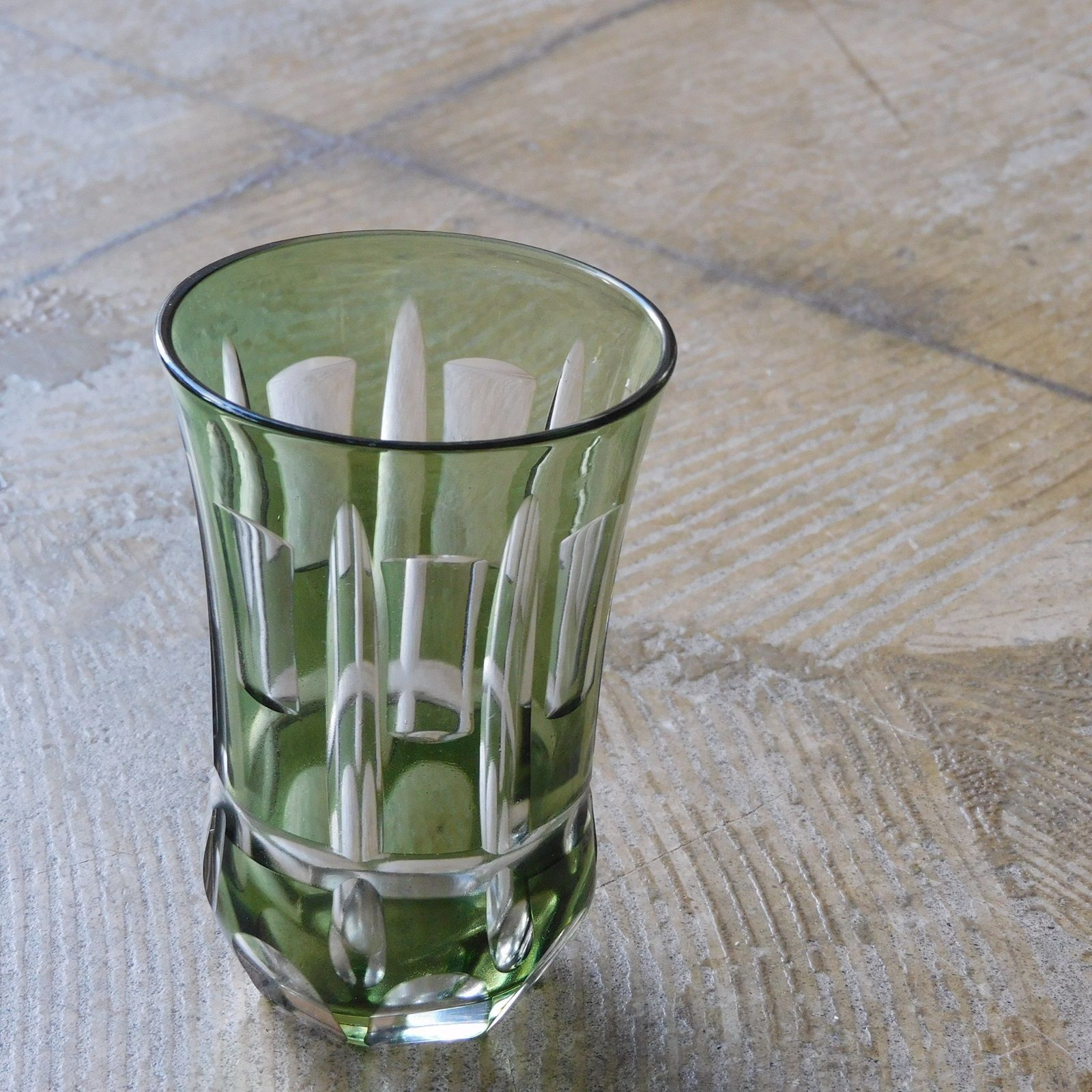 戦前 緑色被せ 切子のコップ HK-a-04304 / 古道具 アンティーク 切り子