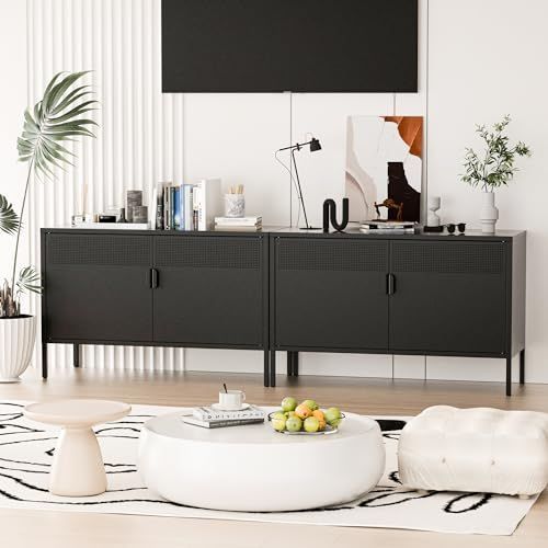 鋼製 サイドボード 扉付き リビング キャビネット 収納 棚 観音開き 調節 な棚付き 通気孔付き 科飛亜 おしゃれ リビングルーム ダイニングルーム 寝室に適用 組立品 高64cm ブラック WWW_NOITHATQUANGTHANH_NET