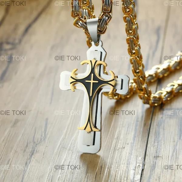 メンズ ゴールドカラー スチールビザンチンチェーンネックレス ウルフヘッドリング トールハンマー アイルランドケルトノットペンダント 適用なし