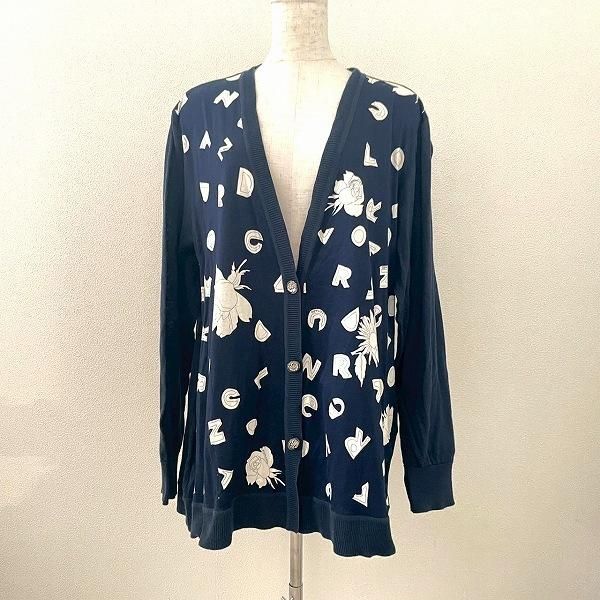 anc レオナール LEONARD カーディガン M 紺 白 節約 ニット花柄 異素材