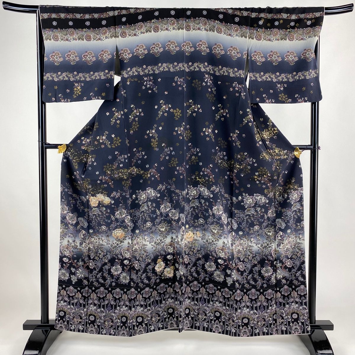 訪問着 身丈159.5cm 裄丈68cm L 袷 草花 金彩 ぼかし 濃紺 正絹 名品