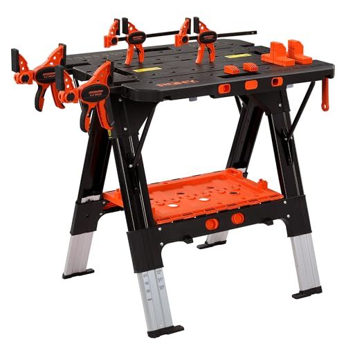 PONY 作業台 ソーホース 2in1 折りたたみ式 DIY 工具 作業台耐荷重225kg ソーホース耐荷重450kg 高さ調節 Fクランプ4個 クランプドッグ4個 安全ストラップ2本付き