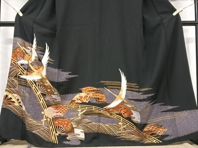 美品 豪華 古典模様 鶴 菊 松 竹 金彩 金駒刺繍 袷 正絹 振袖 着物 平和屋着物□豪華黒留袖 駒刺繍 飛鶴風景文 金彩 正絹 逸品