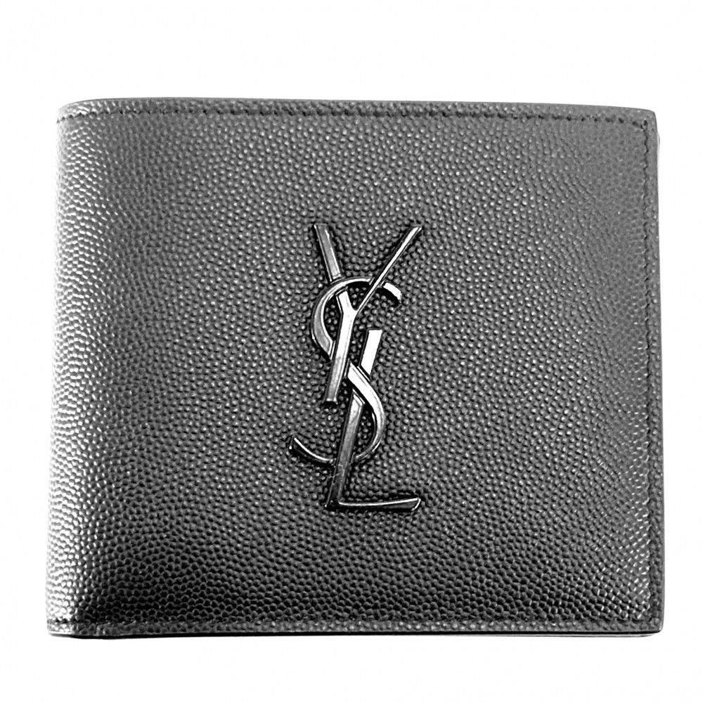 イヴ・サンローラン 二つ折り財布 レディース YSLロゴ モノグラム コンパクトウォレット YVES SAINT LAURENT レザー ブラック 黒  マットシルバー金具 美品【中古品】 - メルカリ