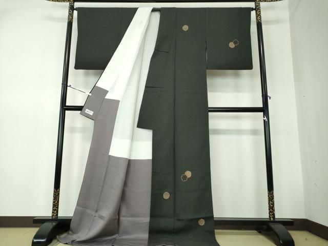 平和屋着物●訪問着　お召地　雪輪重ね　黒地　金彩　やまと誂製　ロング丈　正絹　逸品　DAAS3287ps 平和屋着物○訪問着 お召地 雪輪重ね 黒地 金彩 やまと誂製 ロング丈