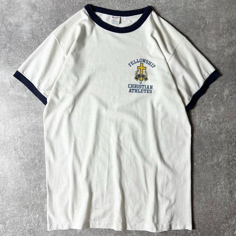 80s USA製 Champion 4段 染み込み カレッジ ロゴ プリント 半袖