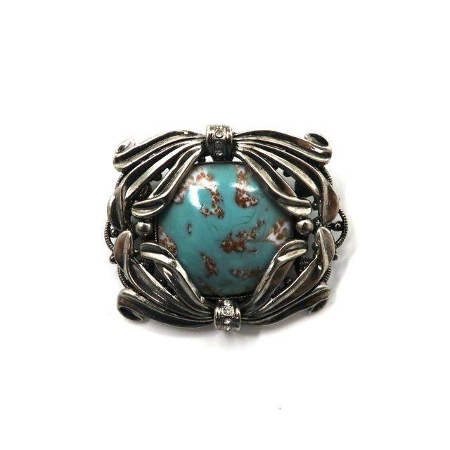 Vintage Turquoise Brooch ターコイズ ブローチ ブルー シルバー レトロ リボンモチーフ