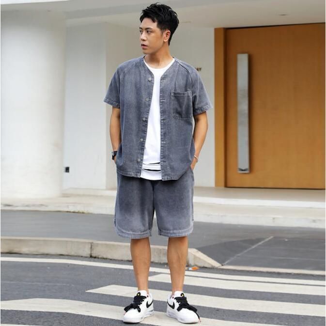 デニム セットアップ 半袖 メンズ 前開き オシャレ デニムシャツ