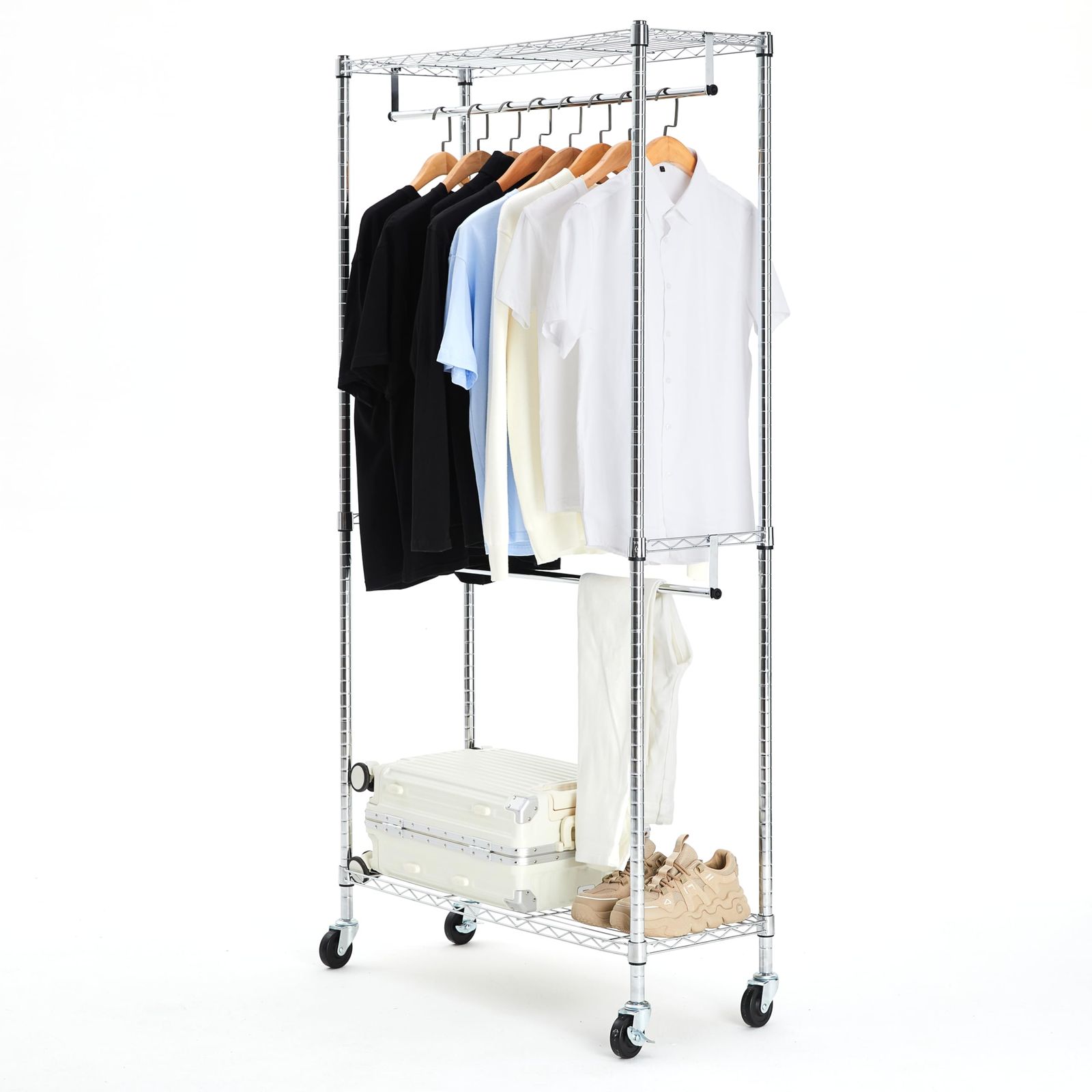 【人気商品】ベーシック ハンガーラック 2段 洋服ラック 耐荷重181kg 頑丈 キャスター付き 棚付き 幅91.4 x 奥行35.6 x 高さ182.9 cm シルバー