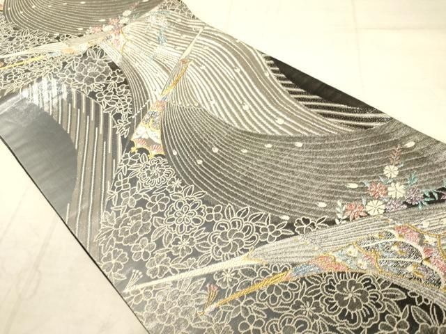 六通 袋帯 ラメ金糸織り 花鳥流水おしどり文様刺繍 正絹 ☆和装 着物 六通 袋帯 ラメ金糸織り 花鳥流水おしどり文様刺繍 正絹 ☆和装 着物