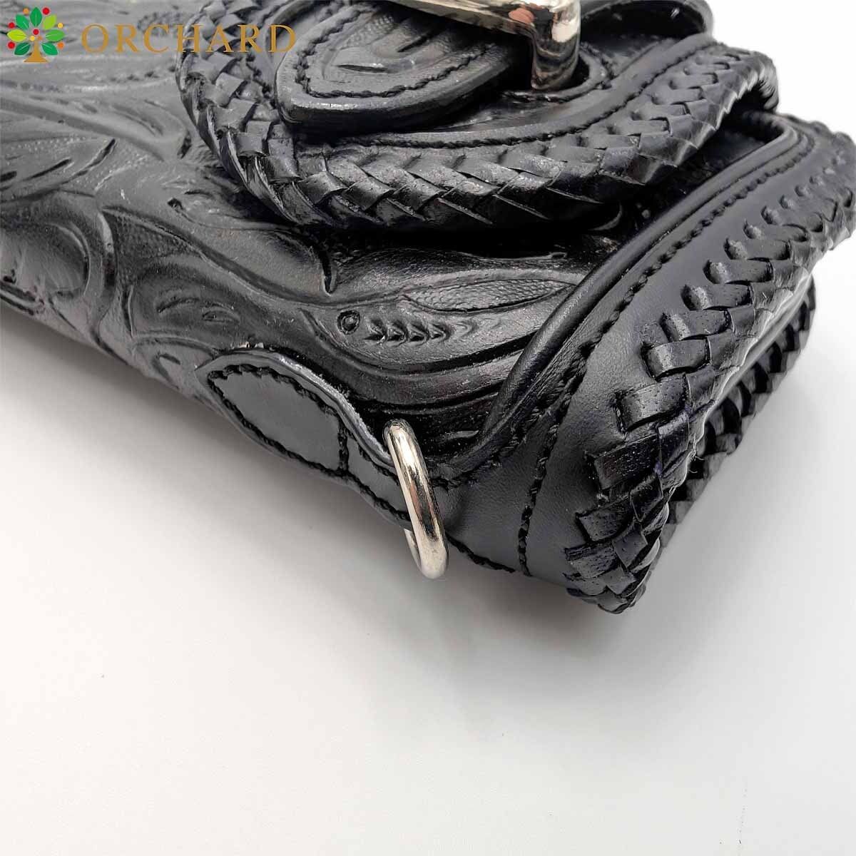 バイカーズウォレット フラワーカービング カウレザー コンチョ 長財布 メンズ レディース ブラック
